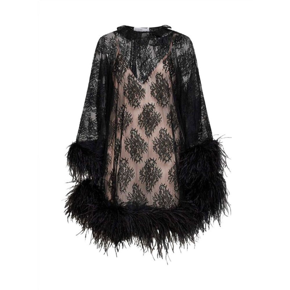 Giuseppe Di Morabito Women Black Lace Kaftan-Style Mini Dress With Feather Trim